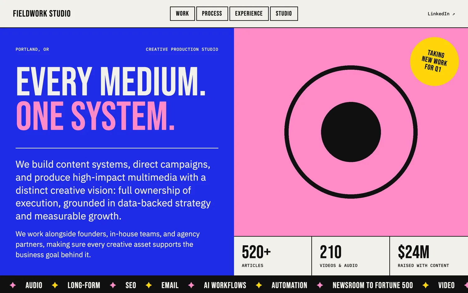 The home page. Two display weights, one accent colour and one spacing scale, all settled before a line of code existed.