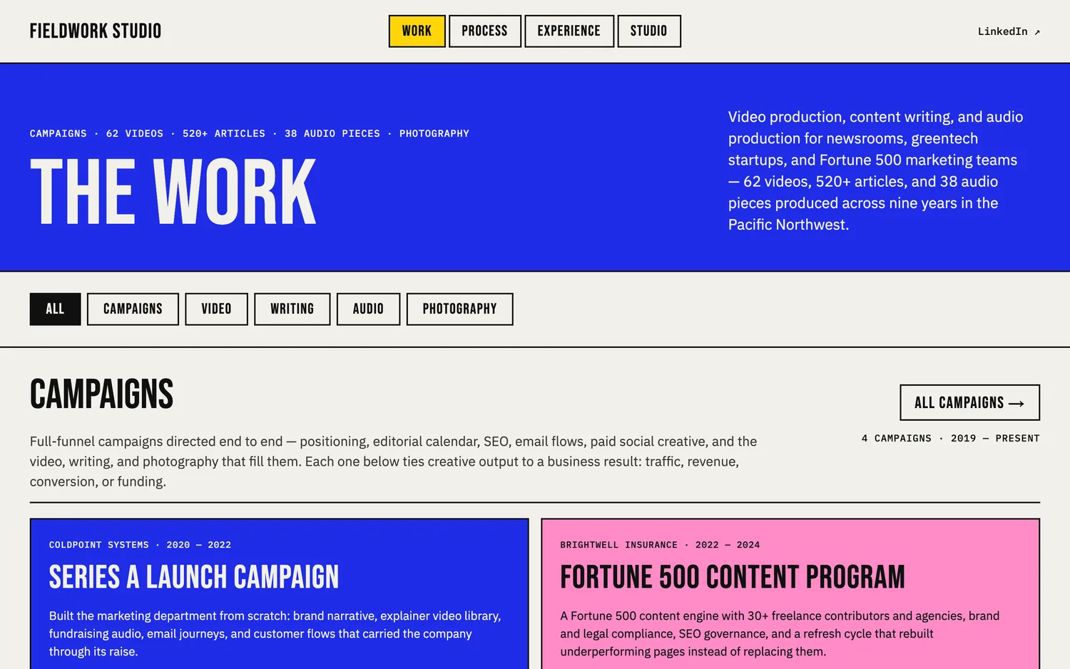 The work index. The same card pattern, rhythm and heading scale as the home page, because they were designed together rather than one after another.