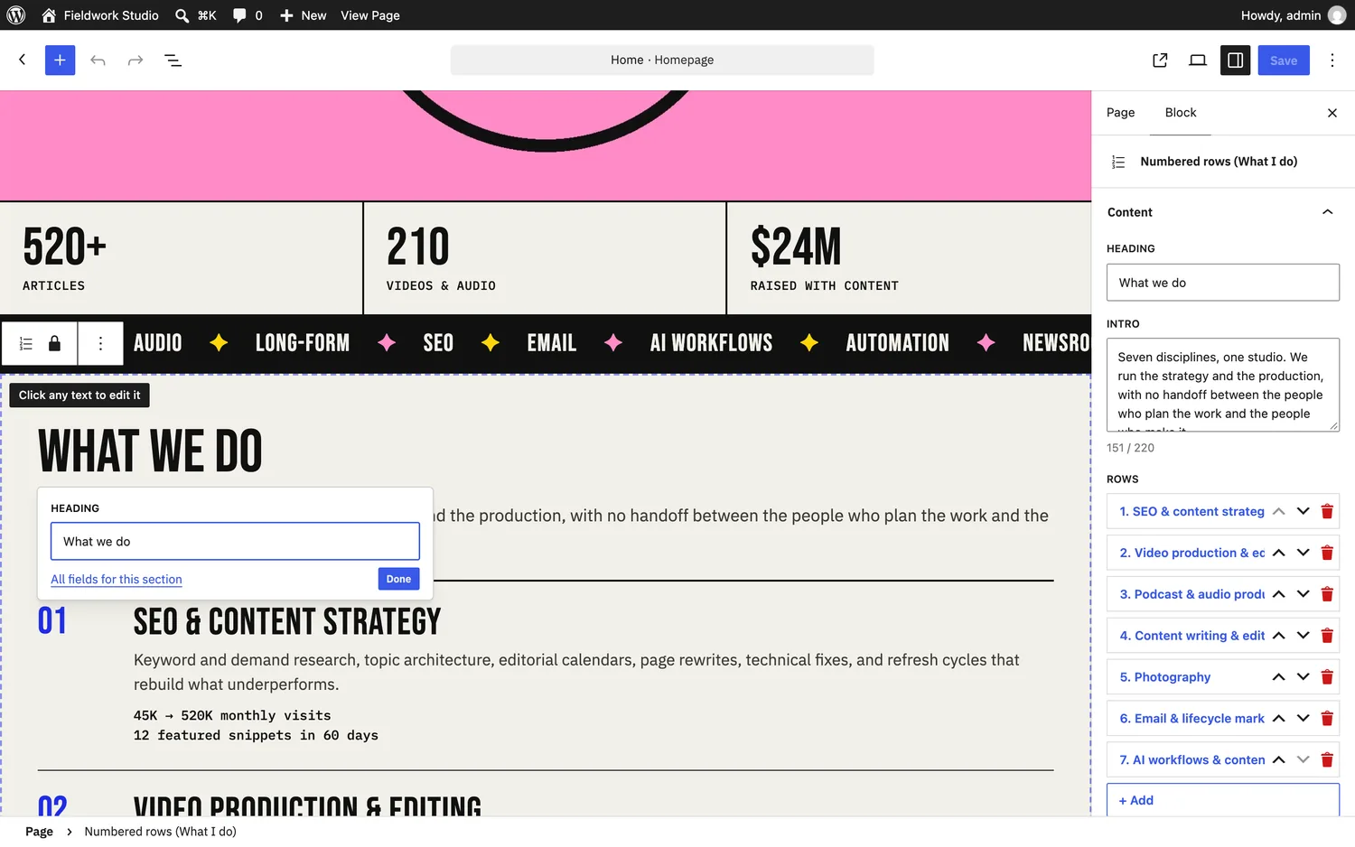 The editor. Clicking any text on the page opens just that field, and the character count under it is measured against the length the design was actually built for.