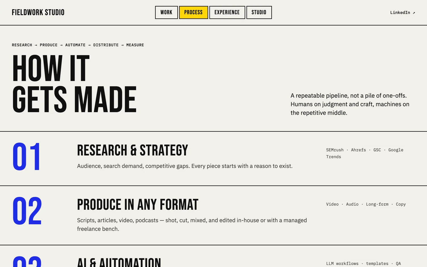 The process page. Numbering used only where the content genuinely is a sequence.