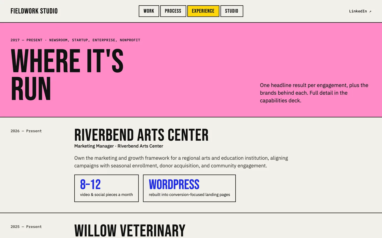 The engagements page. Result figures boxed, client marks falling back to styled text wherever no usable logo existed.