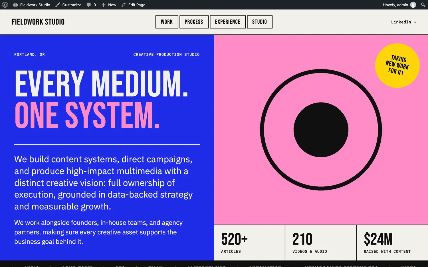 The WordPress build of the same home page. The only visible difference from the static version is the admin bar, because both render from one stylesheet copied into the theme by a script.