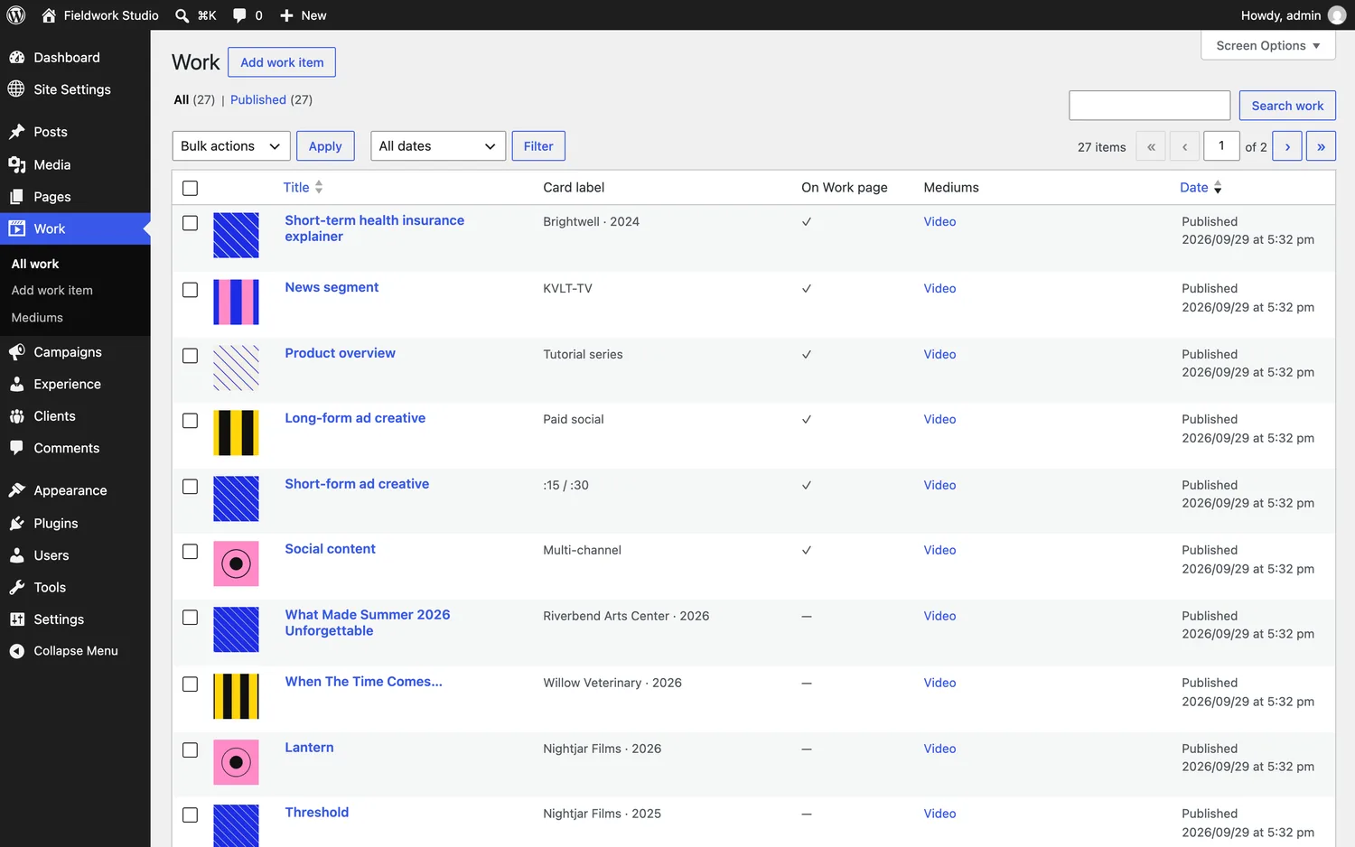 27 work items in the admin, with Work, Campaigns, Experience and Clients in the sidebar. The content model mirrors the portfolio rather than WordPress's default page list.