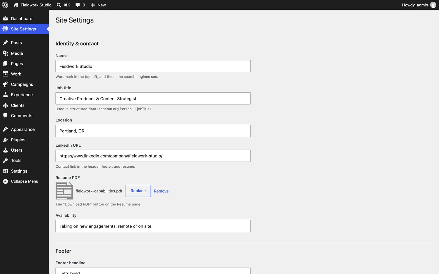 One settings screen. Schema profiles, search-console verification and the review-mode switch, all as labelled text inputs.